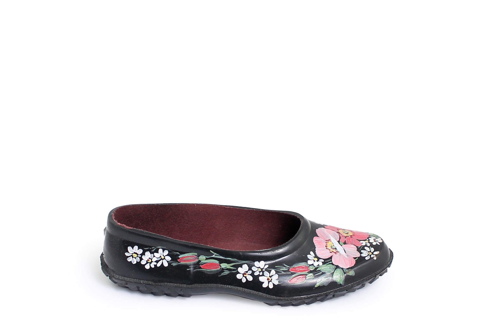 rosamosa black rubber handpainted pink rose flower slippers