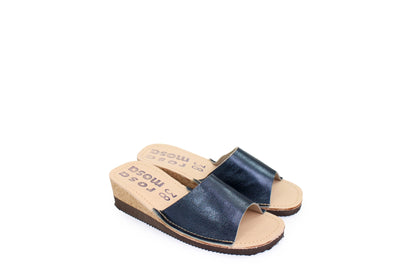 rosamosa blue metallic leather slipper cork heel