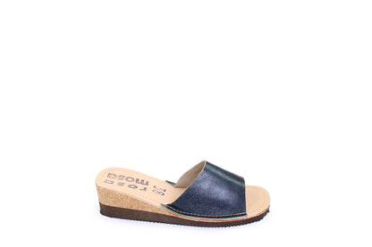 rosamosa blue metallic leather slipper cork heel