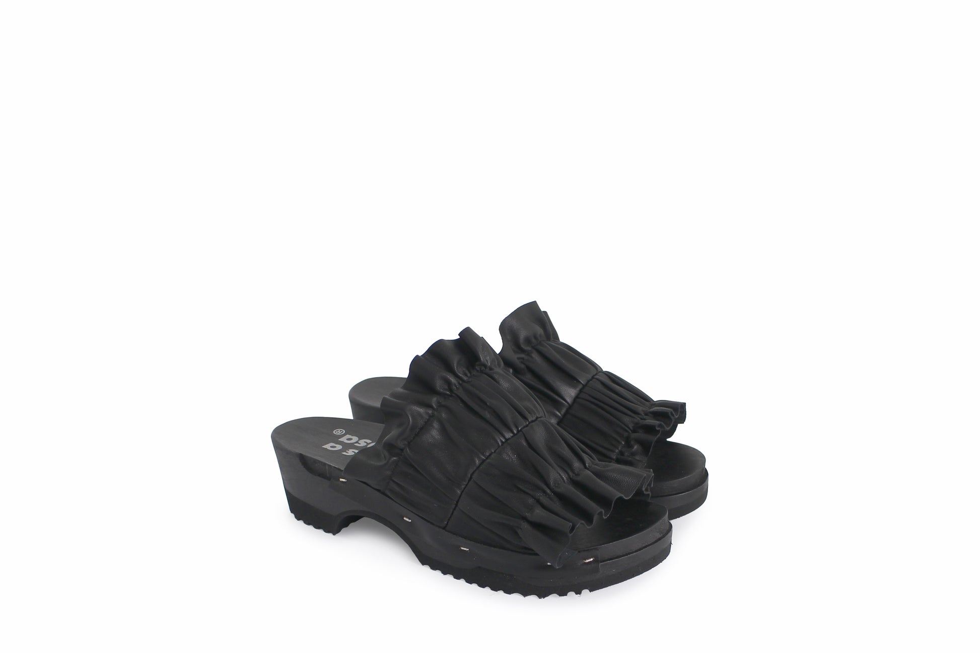 rosamosa chloe black leather wrinkle dark wooden clog