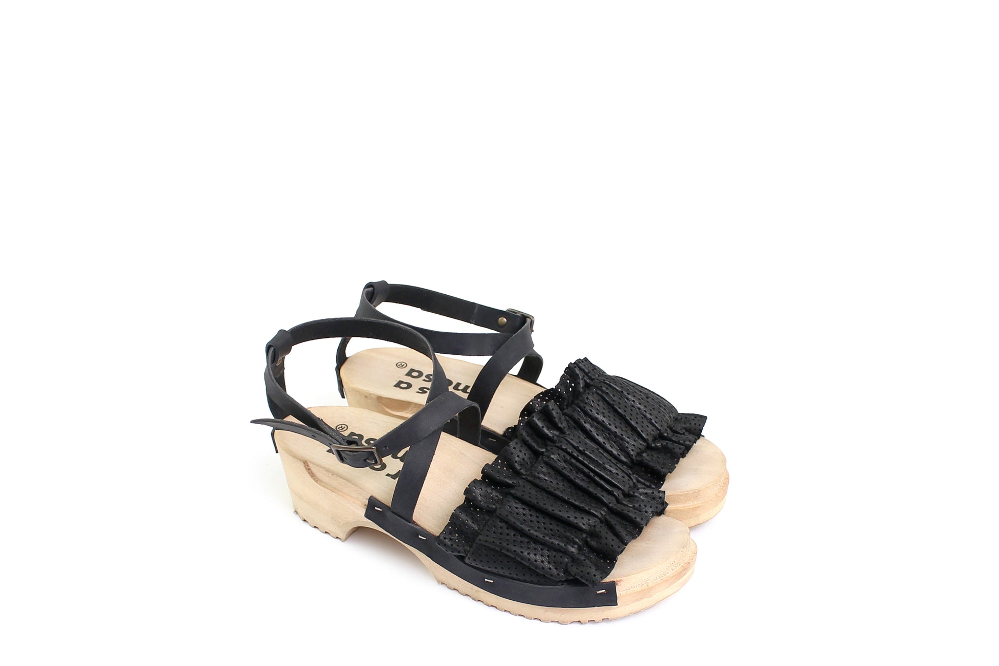 rosamosa chloe strap black leather wooden clog sandal