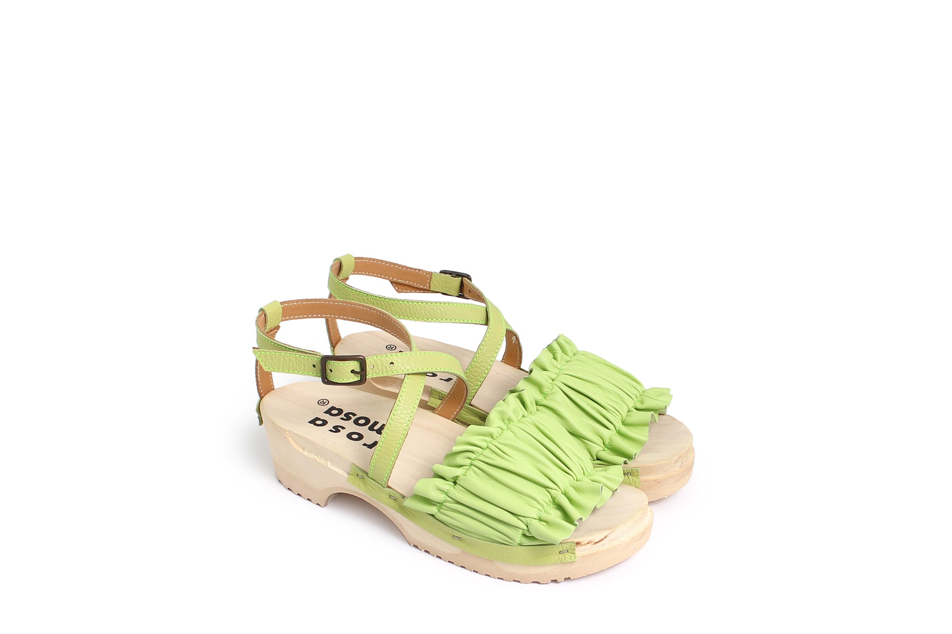 rosamosa chloe strap lime green leather wooden clog sandal