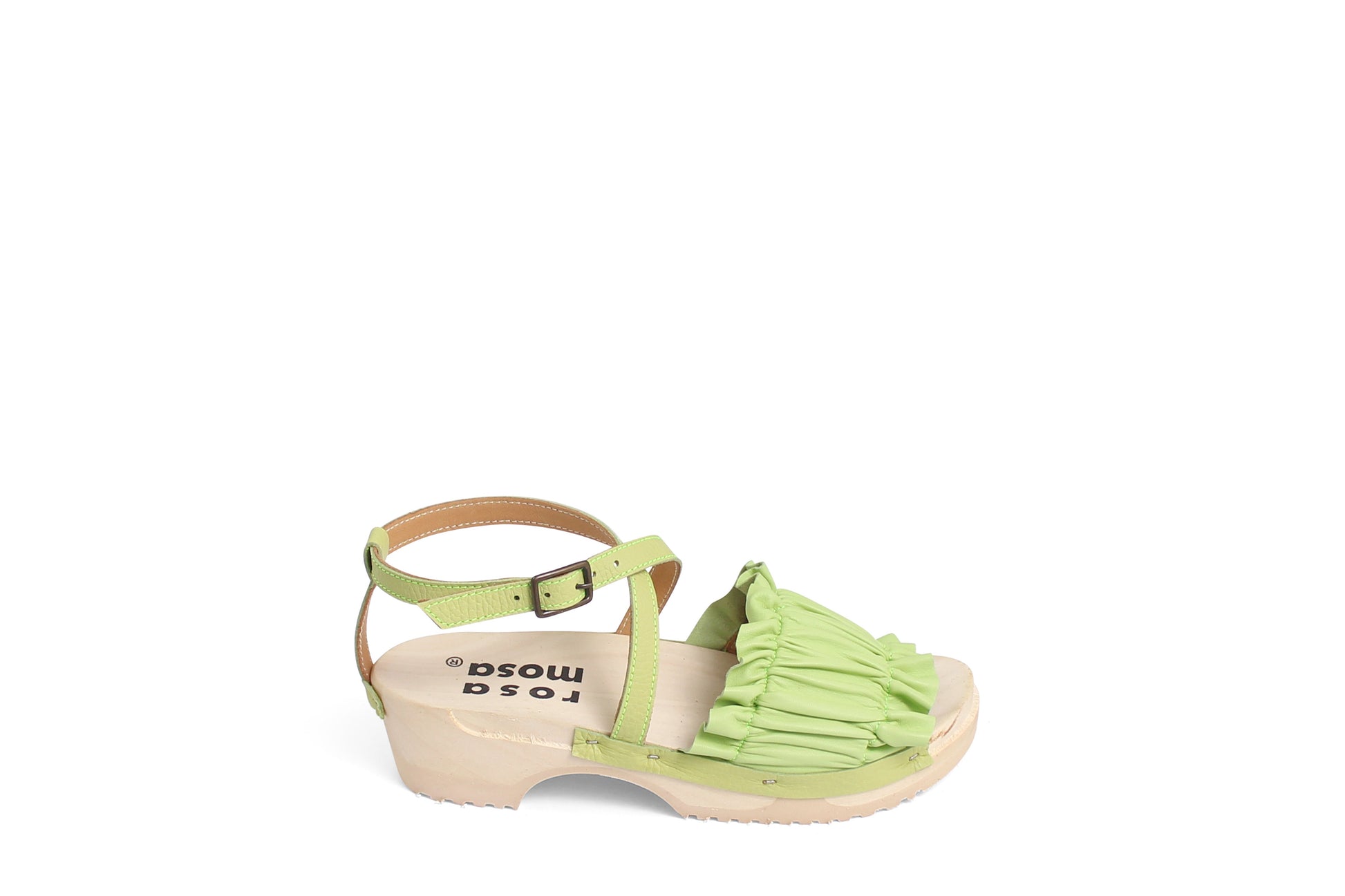 rosamosa chloe strap lime green leather wooden clog sandal