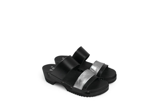 rosamosa donau black silver leather double dark wooden clog strap slippers