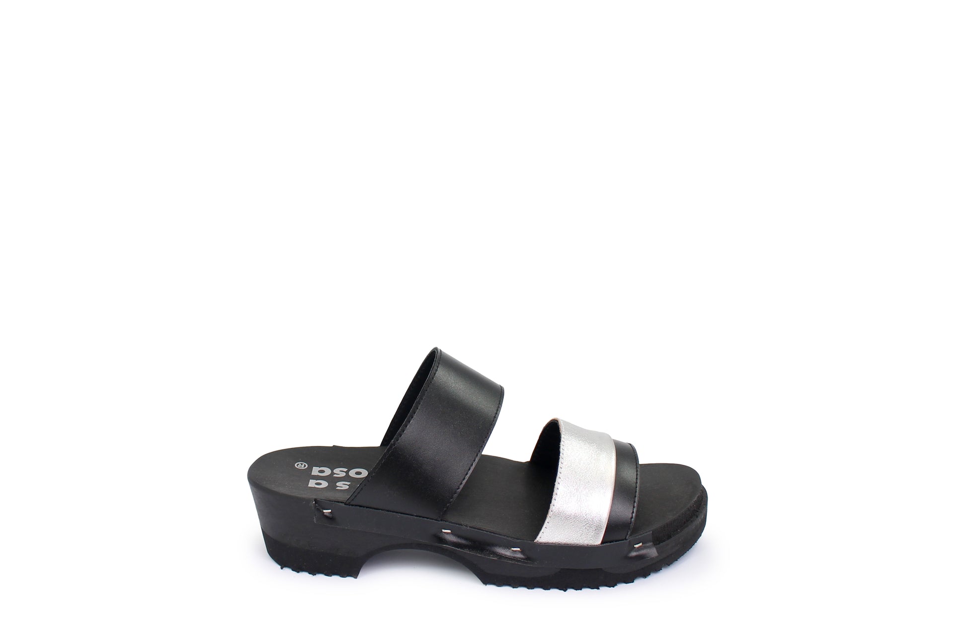 rosamosa donau black silver leather double dark wooden clog strap slippers