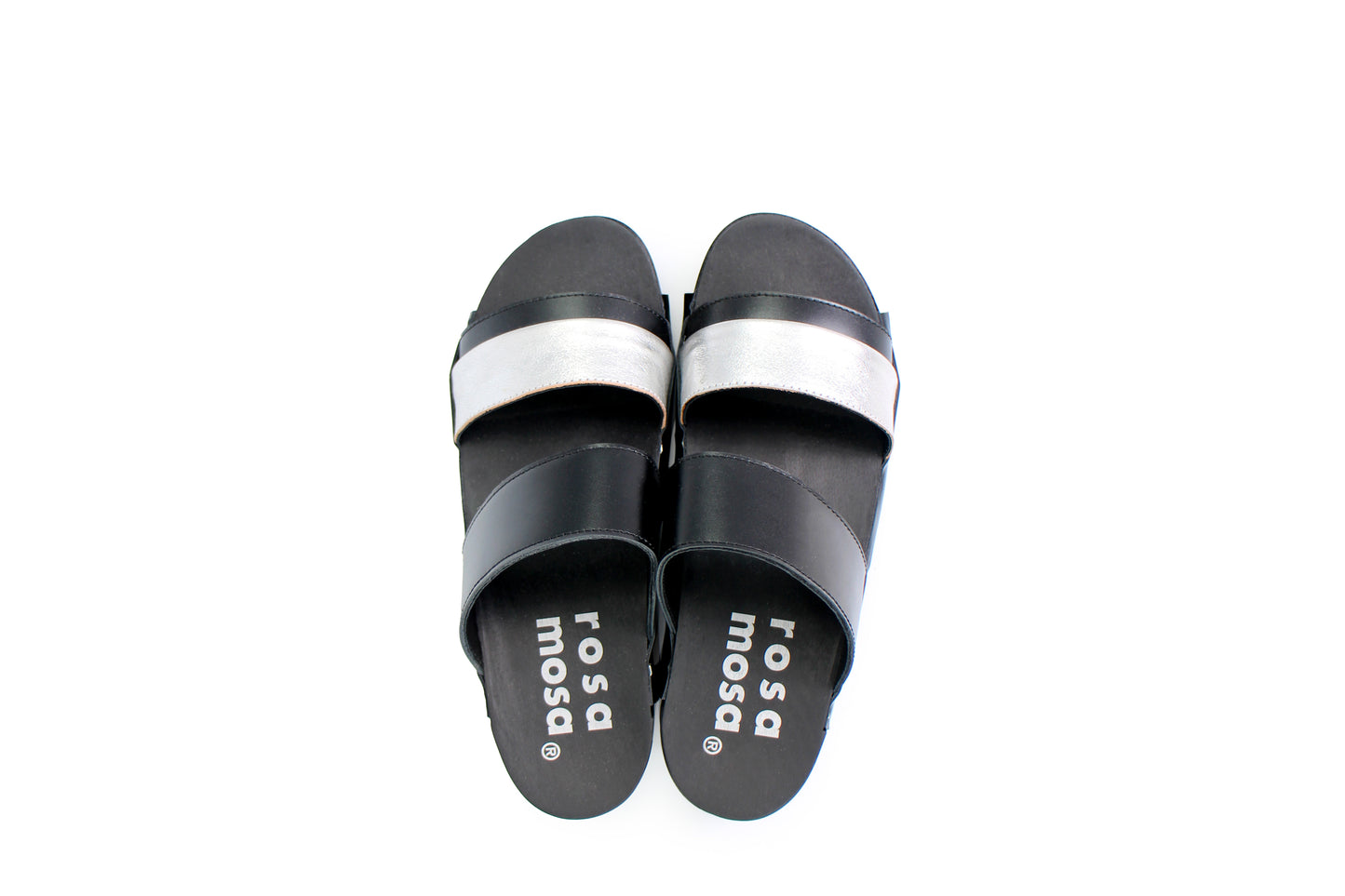 rosamosa donau black silver leather double dark wooden clog strap slippers