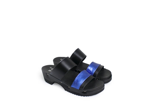 rosamosa donau black cobalt leather strap wooden clog shoe