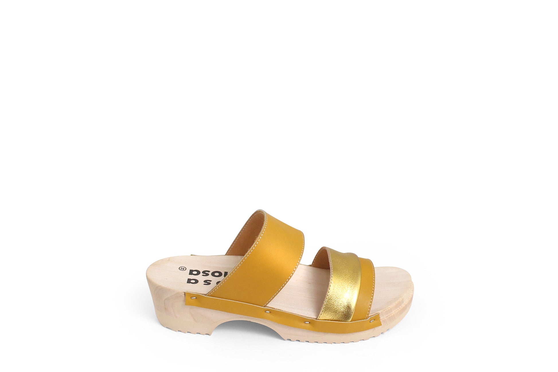 rosamosa donau yellow sun gold leather strap wooden clog shoe