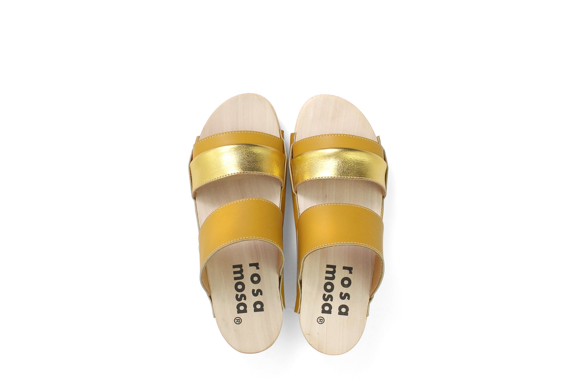 rosamosa donau yellow sun gold leather strap wooden clog shoe