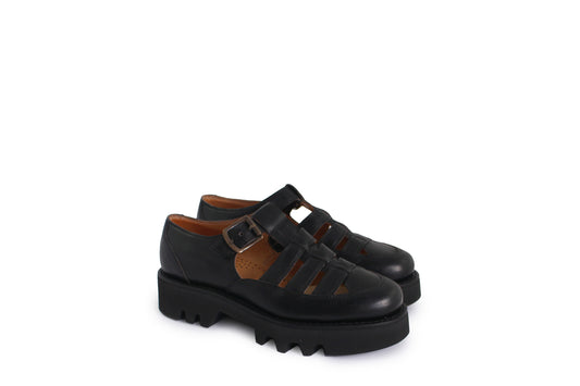 rosamosa buckle t-bar black leather vibram welted sandal shoe 