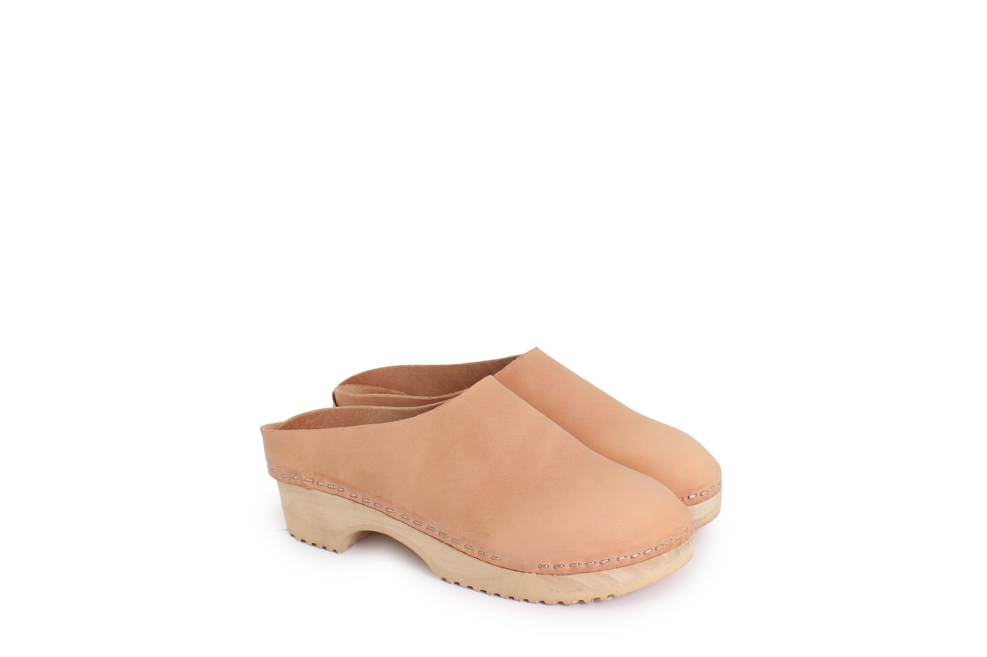 rosamosa round cammello leather natural wooden clog