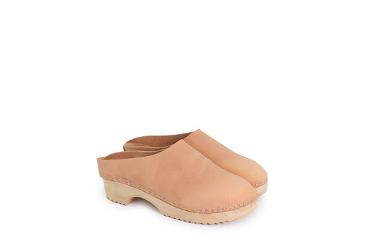 rosamosa round cammello leather natural wooden clog