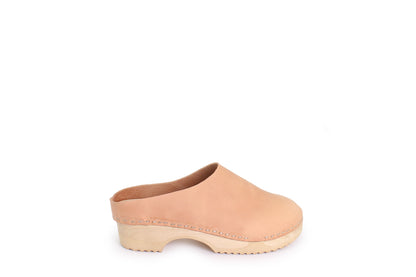 rosamosa round cammello leather natural wooden clog