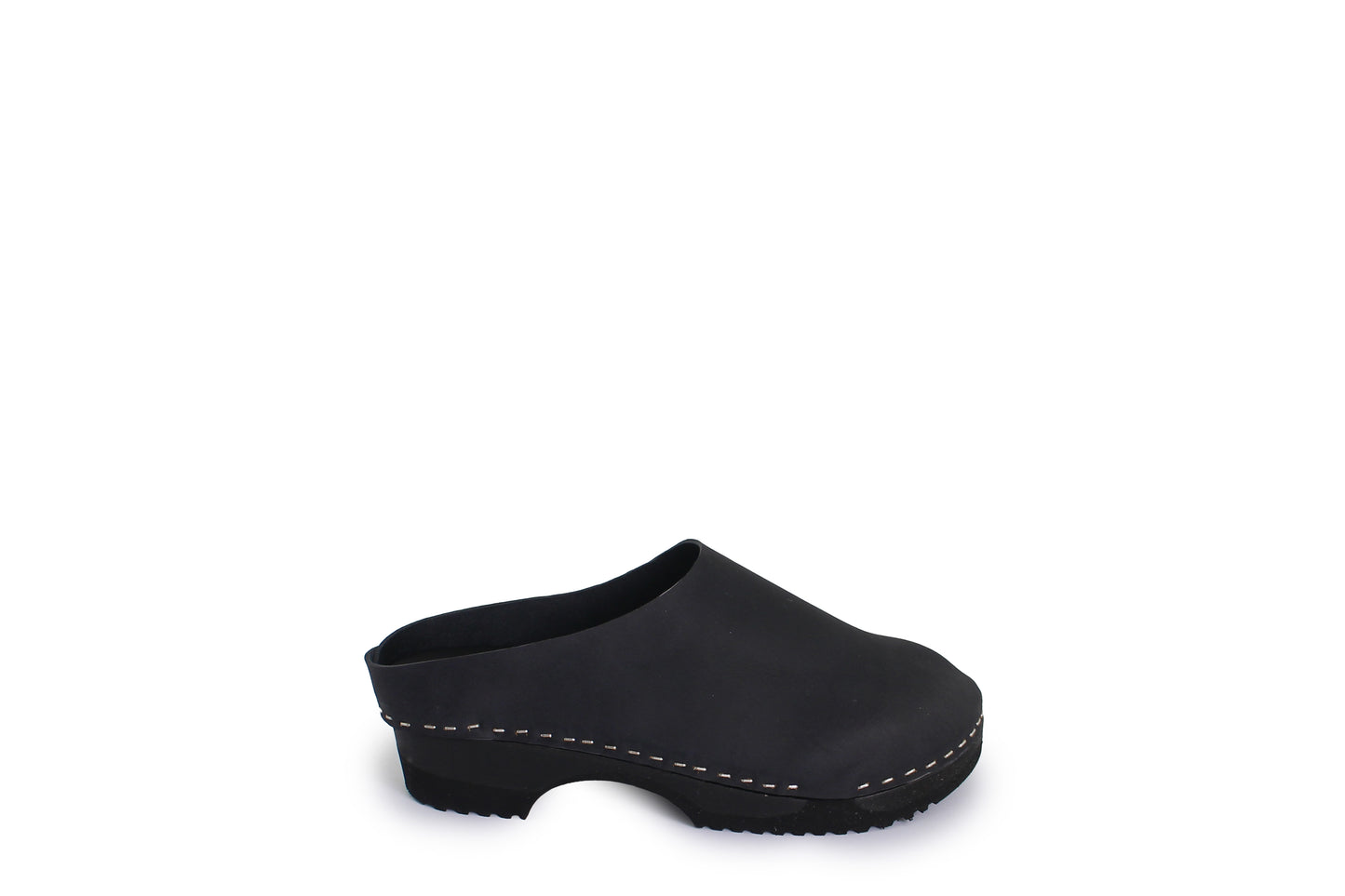 rosamosa round black leather dark wooden clog