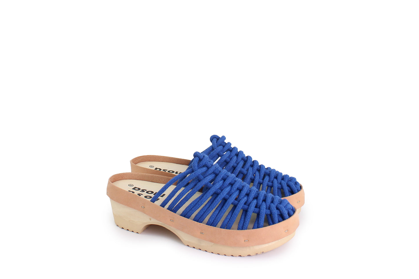 rosamosa panto blue cotton hand-woven net wooden clog