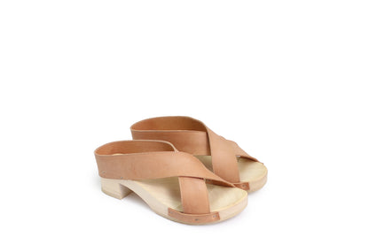 rosamosa rocco cammello basic x form leather wooden clog shoe