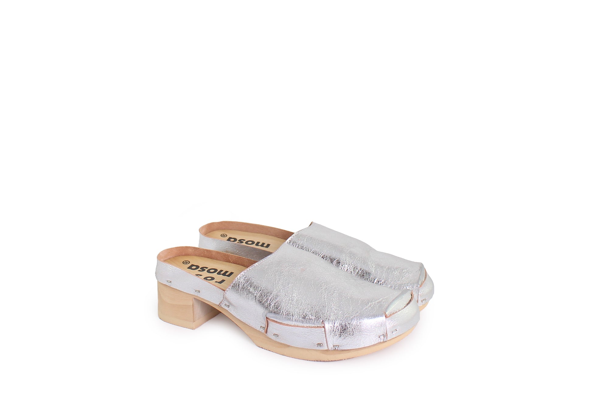 rosamosa rocco silver leather wooden clog shoe