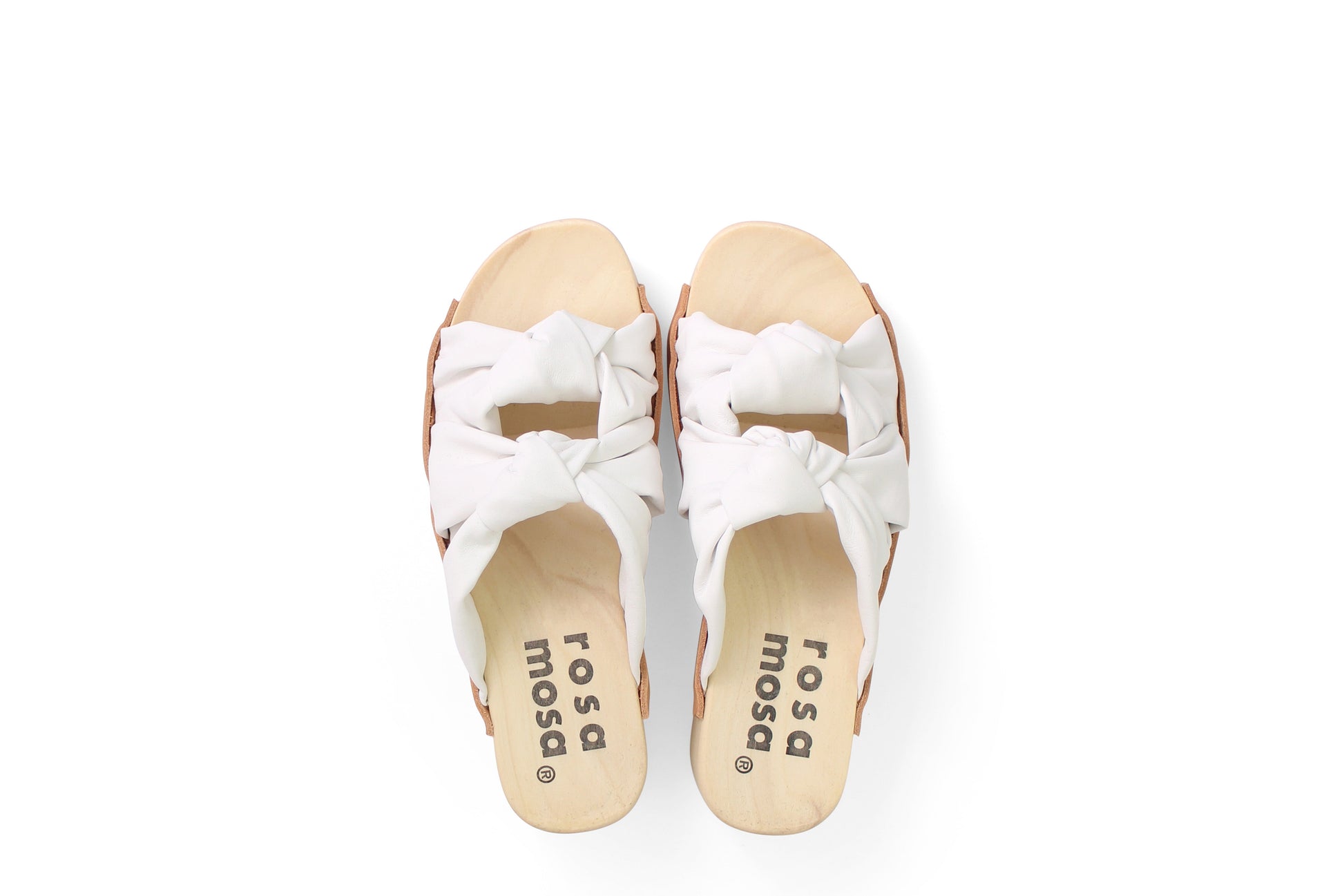 rosamosa rocco white leather knot wooden clog shoe 